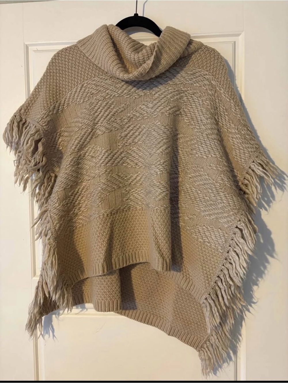 Lucky Brand Beige Fringe Knit Cowl-Neck Poncho